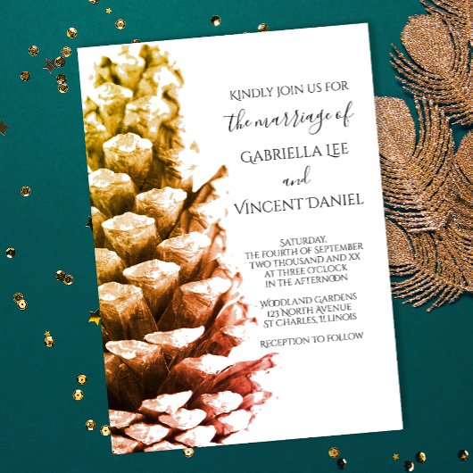 Invitation Cône de pin rustique sur Mariage de bois blanc