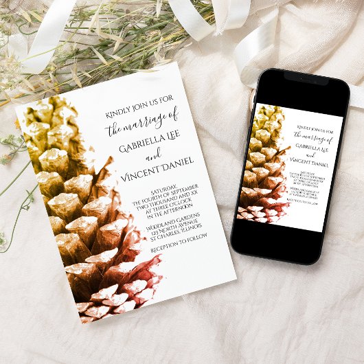 Invitation Cône de pin rustique sur Mariage de bois blanc