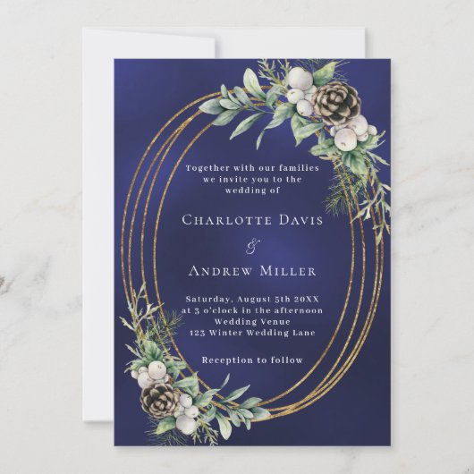 Invitation Cone pin verdure or cadre bleu mariage (Devant)