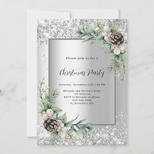 Invitation Cônes d'argent vert Noël feuille fête (Devant)