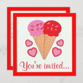 Invitation Cones de crème glacée avec Coeurs Saint-Valentin (Devant / Derrière)
