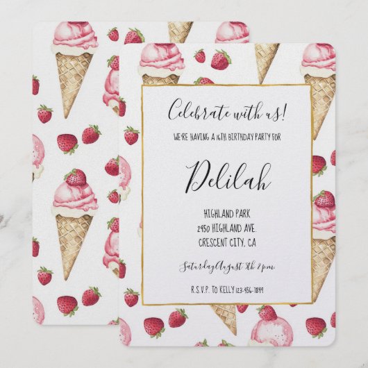 Invitation Cônes de glace à la fraise Anniversaire (Devant / Derrière)
