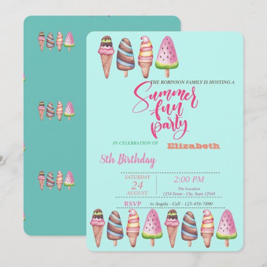 Invitation Cônes de glaces Anniversaire Party d'été (Devant / Derrière)