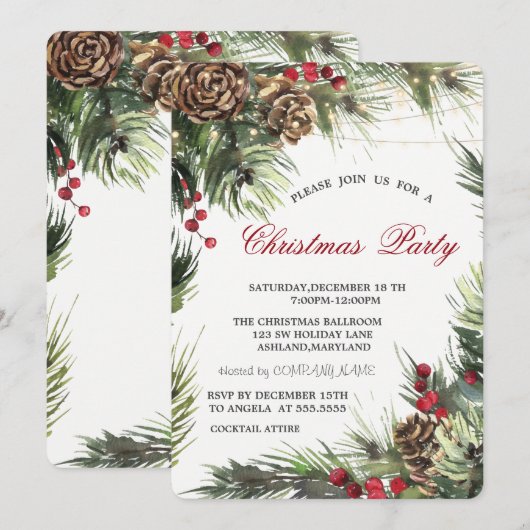 Invitation Cônes de pin, branches de pin Fête de Noël (Devant / Derrière)