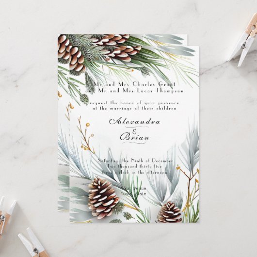 Invitation Cônes de pin de mariage d'hiver Neige Branches de (Devant/Arrière en situation)