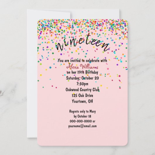 Invitation confetti 19e fête d'anniversaire (Devant)