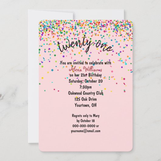 Invitation confetti 21e fête d'anniversaire (Devant)