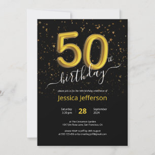 Invitation Confetti 50e anniversaire Black Gold Balloon moder