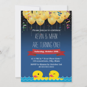 Invitation Confetti & Ballons & Canards Twins Anniversaire