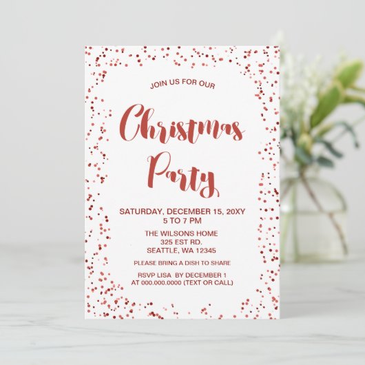 Invitation confetti blanc et rouge Fête de Noël moderne (Debout devant)