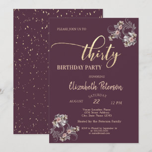 Invitation Confetti Bourgogne Floral 30e fête d'anniversaire