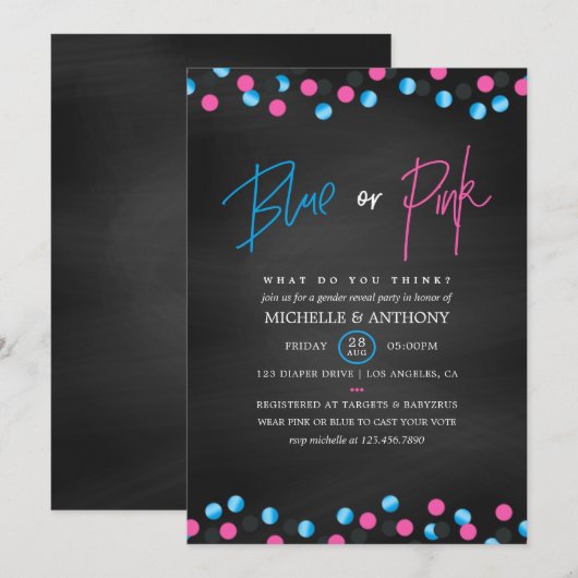 Invitation Confetti Chalkboard Blue or rose Genre Reveilla (Devant / Derrière)