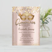 Invitation Confetti Chic Masque Rose Gold Quinceañera (Debout devant)