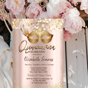 Invitation Confetti Chic Masque Rose Gold Quinceañera
