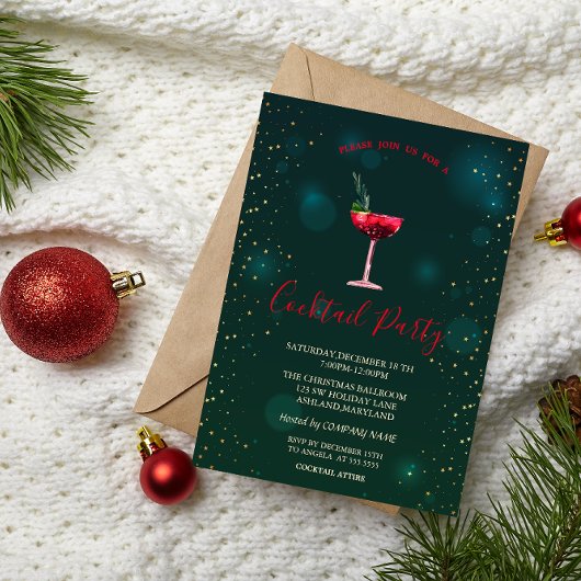Invitation Confetti Cocktail Étoiles Vert Noël Fête