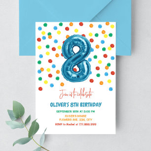 Invitation Confetti coloré huit ballon 8e anniversaire garçon