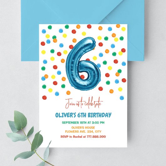 Invitation Confetti coloré Six Balloon 6e anniversaire garçon
