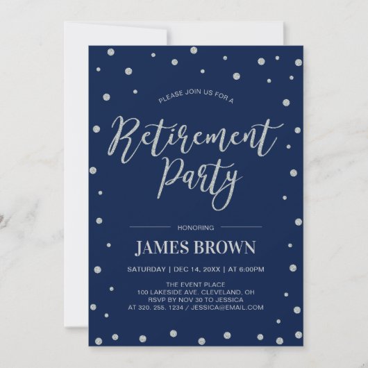 Invitation Confetti d'argent et marine | Parti de la retraite (Devant)