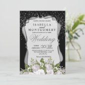 Invitation Confetti d'argent, Mariage floral noir et blanc (Debout devant)