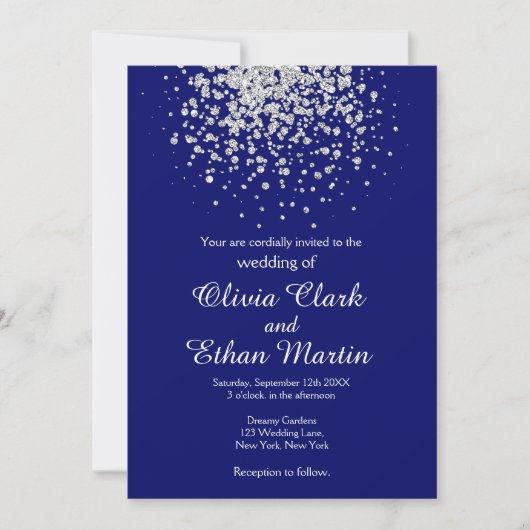 Invitation Confetti d'argent moderne sur Royal Blue (Devant)