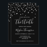 Invitation Confetti d'argent sur Black 30th Birthday Party<br><div class="desc">Ce design moderne présente des confettis triangulaires en faux argent sur un arrière - plan noir. Le mot "trentième" apparaît dans une police élégante d'écriture gris clair. Personnalisez l'invitation avec le nom de l'honoré en gris clair de police d'écriture, ainsi que la date, le lieu, et d'autres détails en gris...</div>