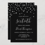 Invitation Confetti d'argent sur Black 60th Birthday Party<br><div class="desc">Ce design moderne présente des confettis triangulaires en faux argent sur un arrière - plan noir. Le mot "soixantième" apparaît dans une police élégante d'écriture gris clair. Personnalisez l'invitation avec le nom de l'honoré en gris clair de police d'écriture, ainsi que la date, le lieu, et d'autres détails en gris...</div>