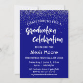 Invitation Confetti d'argent sur la marine, fête de graduatio (Devant)