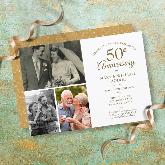 Invitation Confetti de coeur doré pour 50e anniversaire 3 pho