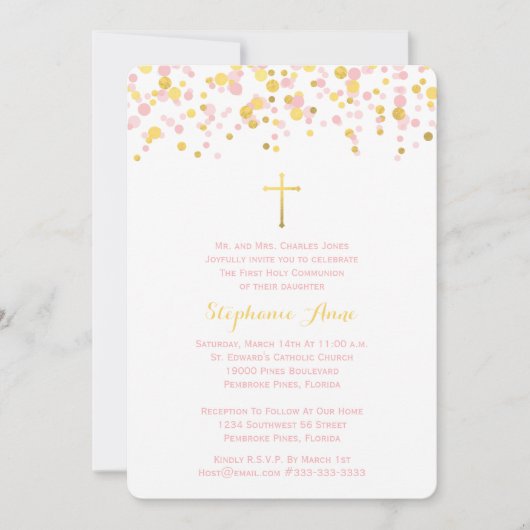 Invitation Confetti de communion rose et or (Devant)