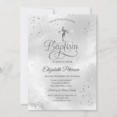 Invitation Confetti de croix d'argent simple et élégant (Devant)