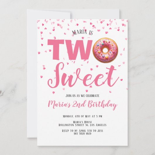 Invitation Confetti de Donut Rose Douce 2e anniversaire (Devant)