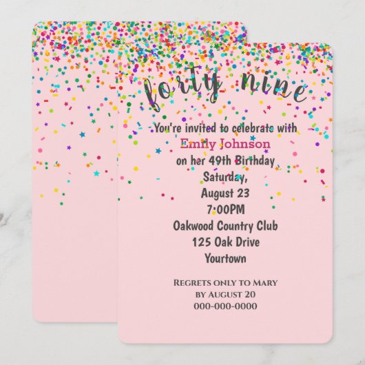 Invitation Confetti de fête du 49e anniversaire en rose (Devant / Derrière)