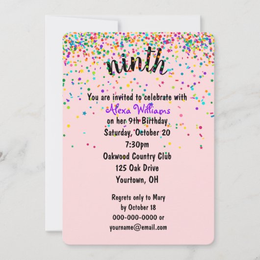 Invitation Confetti de la fête du 9e anniversaire (Devant)