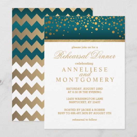 Invitation Confetti d'or blanc et Turquoise - Dîner de répéti (Devant / Derrière)
