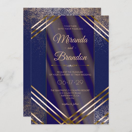 Invitation Confetti d'or chic moderne Mariage bleu marine (Devant / Derrière)