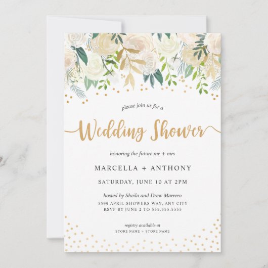 Invitation Confetti d'or + Couples floraux blancs (Devant)