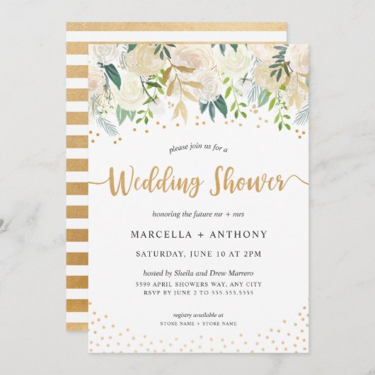 Invitation Confetti d'or + Couples floraux blancs (Devant / Derrière)