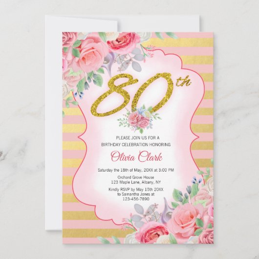 Invitation Confetti d'or et floral rose 80e anniversaire (Devant)