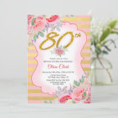 Invitation Confetti d'or et floral rose 80e anniversaire (Debout devant)
