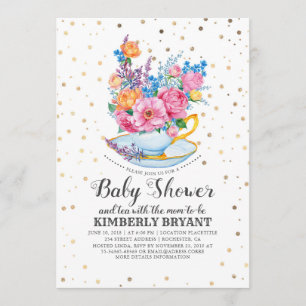 Invitation Confetti d'or Fête du thé au Baby shower floral