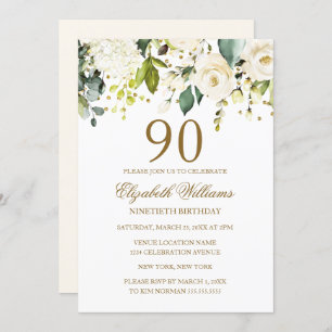 Invitation Confetti d'or floral blanc 90e anniversaire