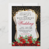 Invitation Confetti d'or, Mariage floral noir et rouge (Devant)