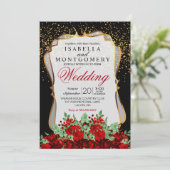 Invitation Confetti d'or, Mariage floral noir et rouge (Debout devant)