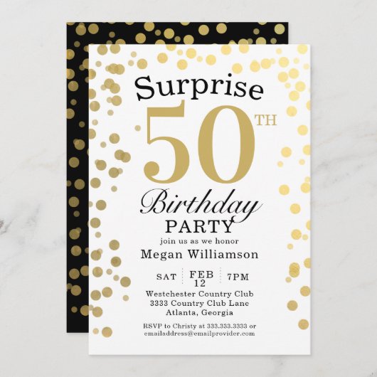 Invitation Confetti d'or moderne Black Surprise 50e anniversa (Devant / Derrière)