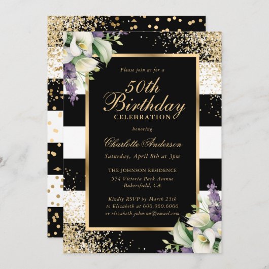 Invitation Confetti d'or noir Calla Lily 50e anniversaire (Devant / Derrière)