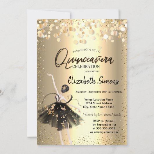 Invitation Confetti d'or, Robe noire Ballerina Quinceañera (Devant)