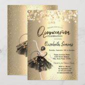 Invitation Confetti d'or, Robe noire Ballerina Quinceañera (Devant / Derrière)