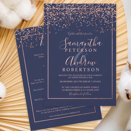 Invitation confetti d'or rose bleu marine tout en un mariage