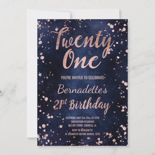 Invitation confetti d'or rose marine bleu chic 21e anniversai (Devant)