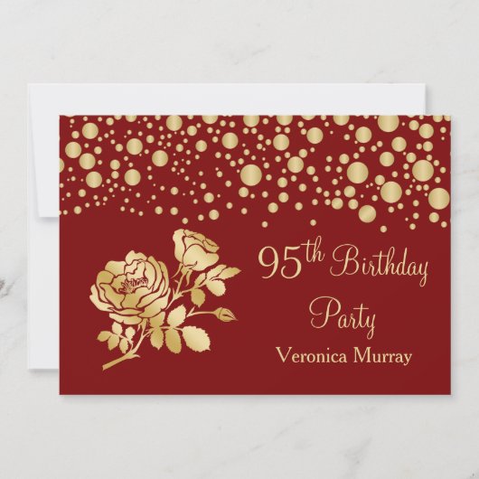 Invitation Confetti d'or, rose rouge 95e anniversaire (Devant)